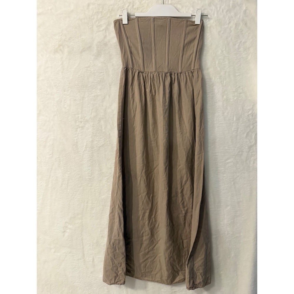 PrettyLittleThing Taupe Strapless Corset Maxi Dress US 2 Linen Look Boho Tan